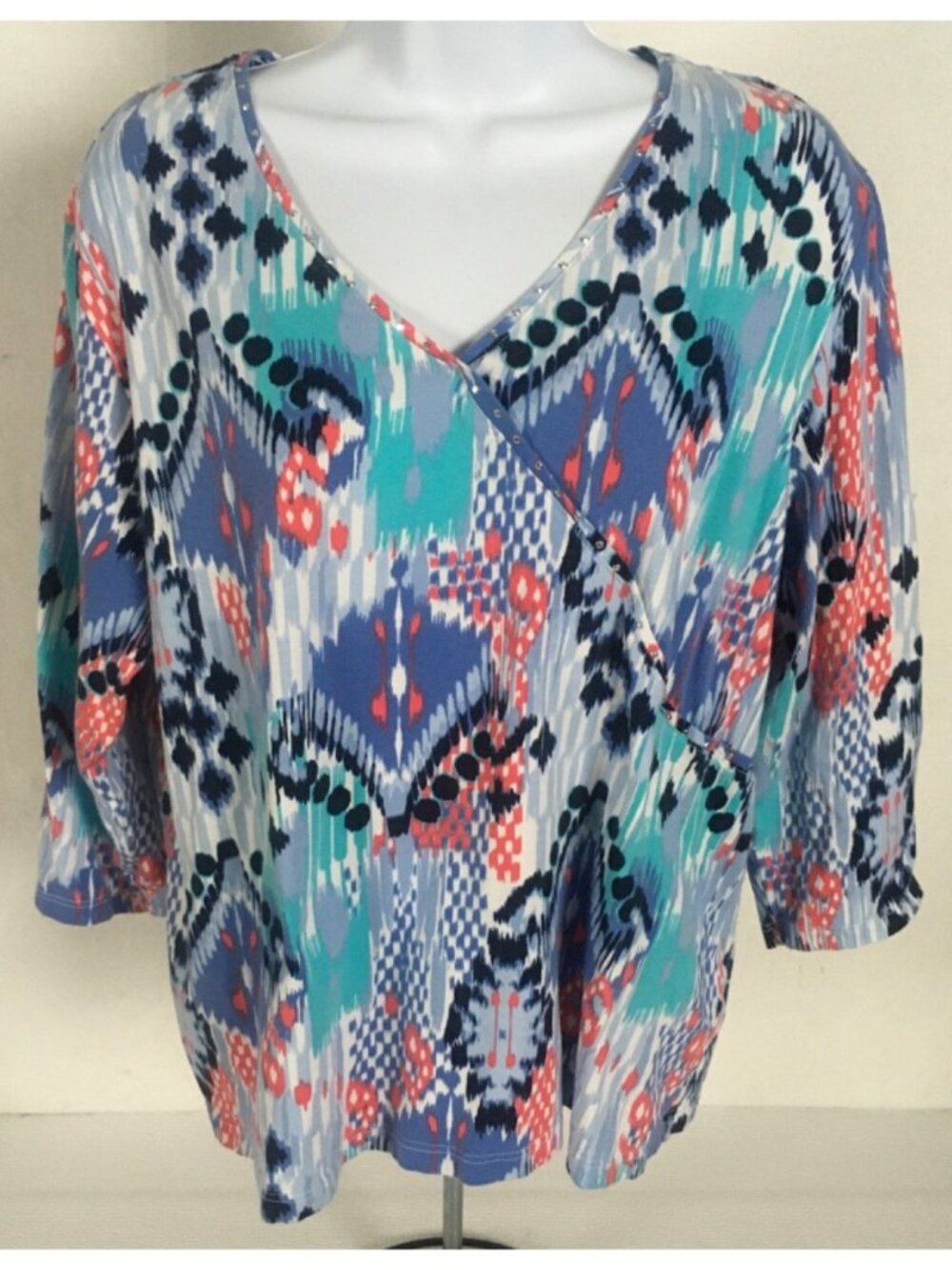 Ruby Rd Top Size XL Blue Black White Pink Sequined V neck 3/4 Sleeves